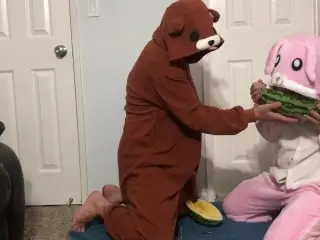 Handjob with Watermelon then Eats it in Bunny Onesie Pajamas