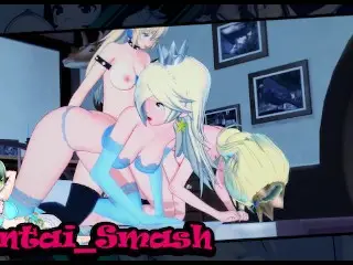 Lesbian Threesome Hentai - Bowsette Fucks Peach and Rosalina with a Lesbian Strapon.