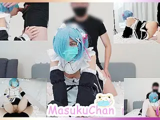 Cute Girl with Mask Cosplay Rem Play Toys, got Fucked and Cum in Mouth