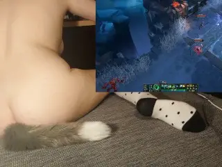 Cute Girl with Tail and Socks Riding a Vibrator while Playing Games