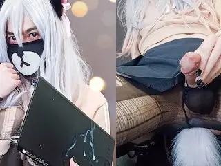 CUTE NEKO TRANS Precum Wearing Buttplug Torn Tights and Cosplay SAGIRI IZUMI to CUMSHOT on Tablet