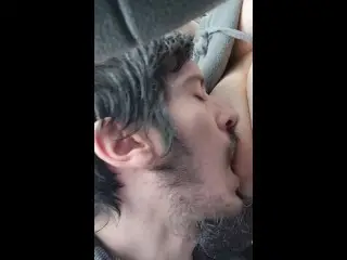 Playing and Sucking Wife's Tits on Car Ride
