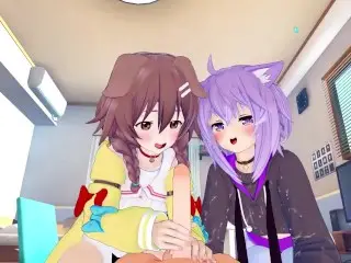 【REAL POV】OKAYU and KORONE Threesome Fun! Doggirl and Catgirl VTUBER Licking Bonanza!