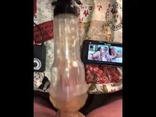 Home Alone, Watching some Lesbian Porn while using my Fleshlight Attached to my Hismith Sex Machine