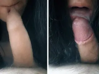 Amateur Brunette try Play with my Foreskin and Gets Cum in Mouth - Blowjob POV