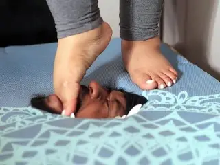 Dominant BBW Slaps Tramples and Foot Gags Kitchen Floor Mat Trapped in FaceBox Facestanding