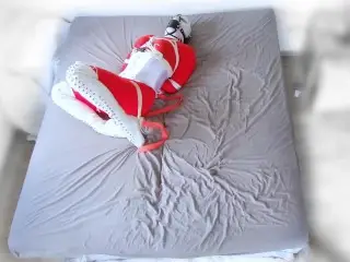 Red Catsuit White Boots Selfbondage
