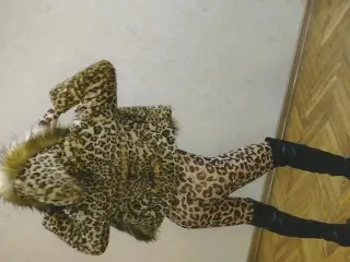 Asian Sissy Ladyboy in Sexy Leopard Coat and Leopard Suit and in High Heels Showing her Sexy Body