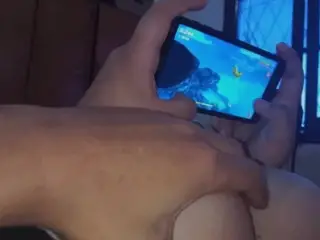 Touching my Beautiful Babe's Big Tits while Playing Video Games on her Cell Phone