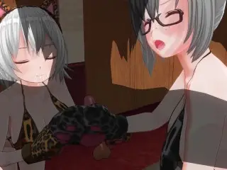 3D HENTAI Neko Girlfriends please you in Bed