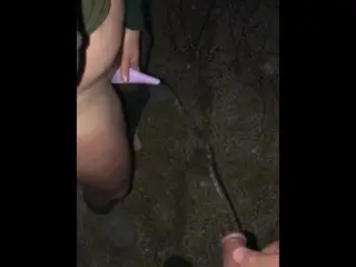 Husband & Wife Stand to Pee together Outdoors, she uses a go Girl / She-wee Device as we Peed