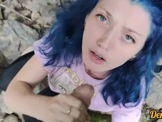 Cute Schoolgirl with Blue Hair gives Blowjob and Sex to get Cum on Face