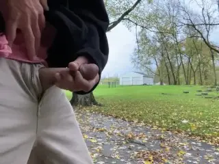 Large Public Cumshot followed by Huge Squirting Piss Stream Outdoors on a Fall Day. Cum Piss Cock!