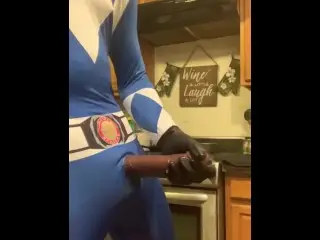 Blue Mighty Morphine Power Ranger Caught Strokin his Big Black Cock