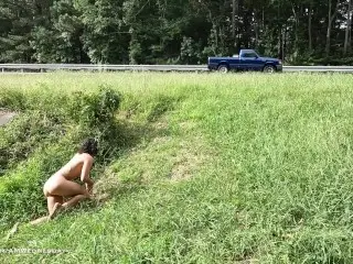 Crawling Completely Naked in Public next to the Road