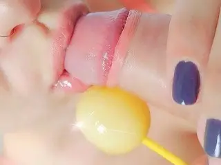 Hot Stepdaughter Sucks Perfect Blowjob with Lollipop - Close up