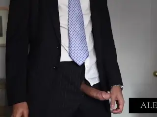 Teasing in Suit during Work Break Wank 9 Inch Cock