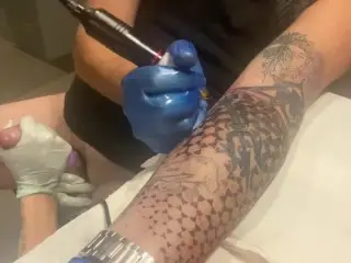 I Tattoo myself and my Wife came and Helped. Hard Handjob/sucking/toys and Cock Electrocution