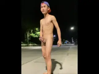 Filipino Exhibitionist Boy Jerking off Fully Nude on a Public Road at Night