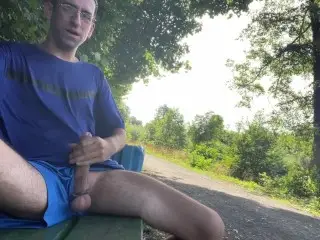 Jerking off Big Cock on Public Park Bench and almost got Caught