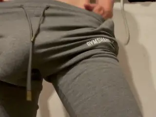 Huge Cock Bulge in Gym Pants. Masturbation with Anal Play and Cumshot