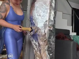 Aluminum Foil Duct Tape Mummification, Rubber Mask and Pink Zentai Suit Rubber Dick Blowjob!