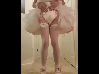 Cute Sissy in Pink Dress Wets and Rubs her Diaper