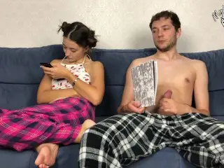 Step Brother Secretly Jerking off Close to Step Sister but she Caught Him! they CUM at THE SAME TIME