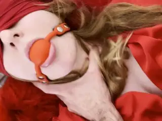 POV Hard Fuck with Blindfolded, Tied Up, Ballgagged Redhead Slut in Red Lingerie