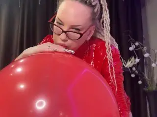 Looner Girl in Glasses and Red PVC Dress Blow BIG Red Balloon and Pop it with Ass. DM to get Full