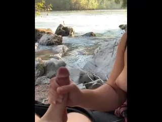 Outdoor Fun by the River with Sexy Brunet, best Cum Views💦 is this Handjob Paradise? 4K