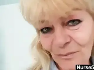 Aged blond lady shows off natural tits and dildo skills