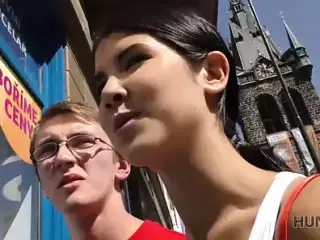 Slim brunette fucked by guy in front of her nerdy cuckold