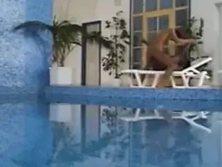 Saggy black tits fuck on pool