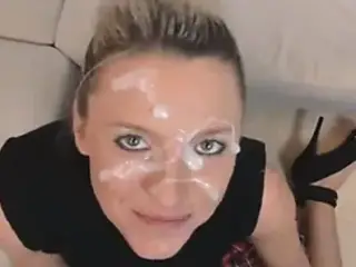 German blue eyed blonde jerks out good load on her face