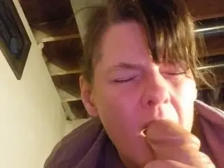 Orgasm while sucking a huge dildo