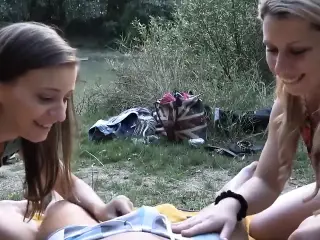 Outdoor threesome boy & 2 cute girls