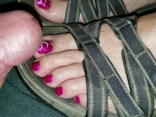 Getting cum on my toes and gladiator sandals