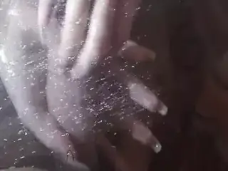 Long nails play with cock and blowjob under the shower