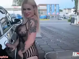 Devil-Sophie: Outdoor Fuck at the gas pump - great creampie