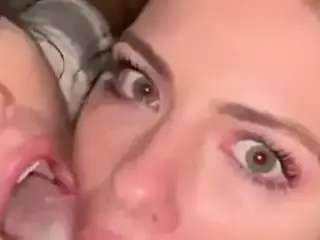 Cock-crazy sluts sharing a facial and cum kissing each other