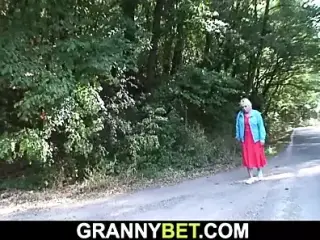 Young dude doggy-fucks 80 years old granny roadside