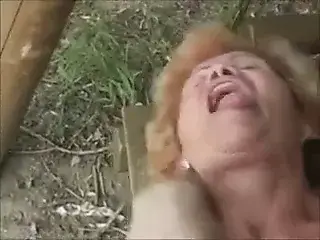 Hairy granny Effie anal outdoor