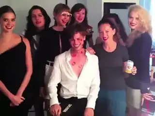 Lucky guy kissed by women wearing lipstick