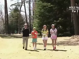 Golf whore gets teased and creamed by two guys