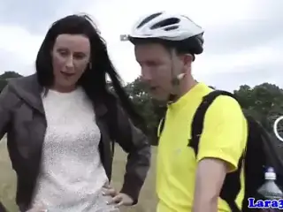 British mature in stockings picks up cyclist for fuck