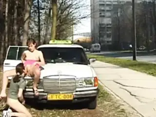 Teen gets cum next to Taxi car