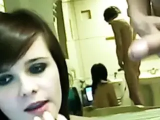 Busty girl sucking in the bathroom