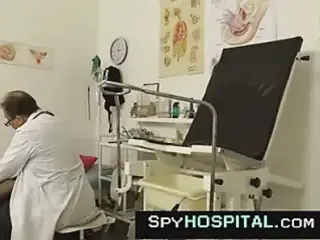 Old doctor opens pussy of skinny redhead spy cam