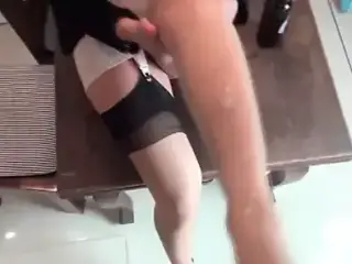 Handjob with cum on nylons